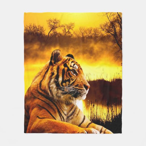 Tiger and Sunset Fleece Blanket