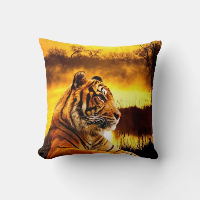 Tiger and Sunset Throw Pillow (Front)
