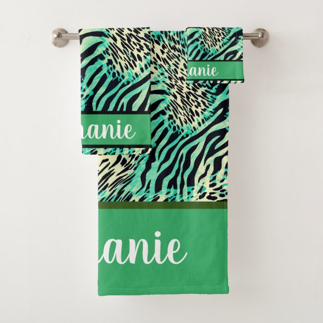 Tiger and zebra print  green  and tan animal print bath towel set (Insitu)