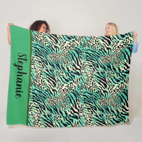Tiger and zebra print  green  and tan animal print fleece blanket