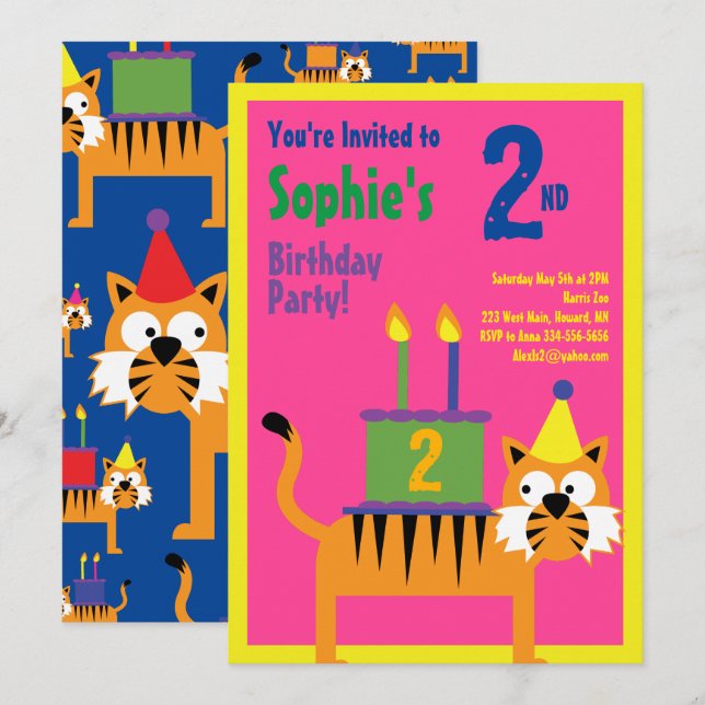 Tiger Animal Kid's Birthday Party Invitations (Front/Back)