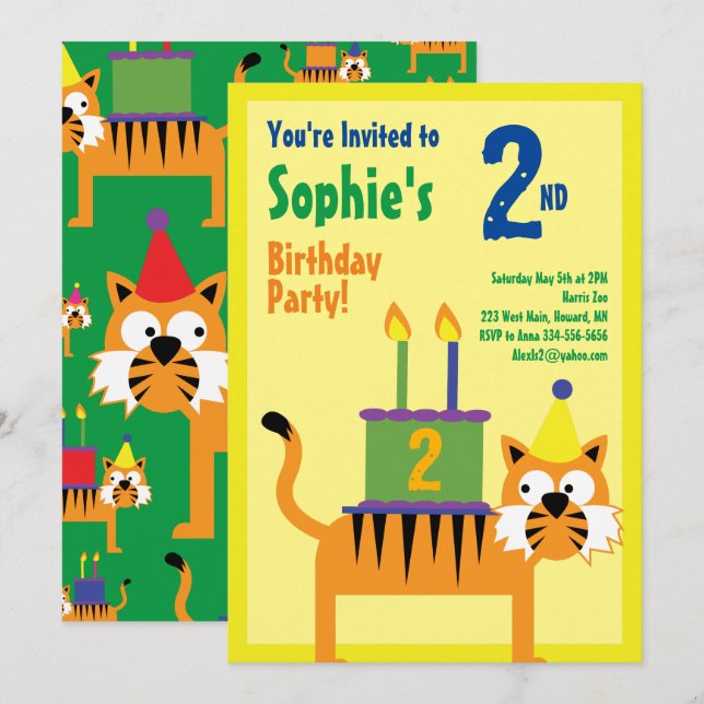 Tiger Animal Kid's Birthday Party Invitations (Front/Back)
