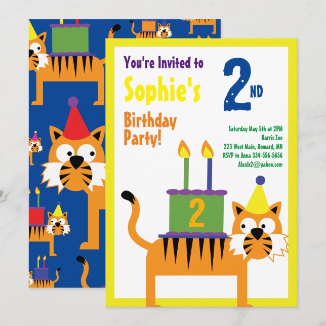Tiger Animal Kid's Birthday Party Invitations (Front/Back)