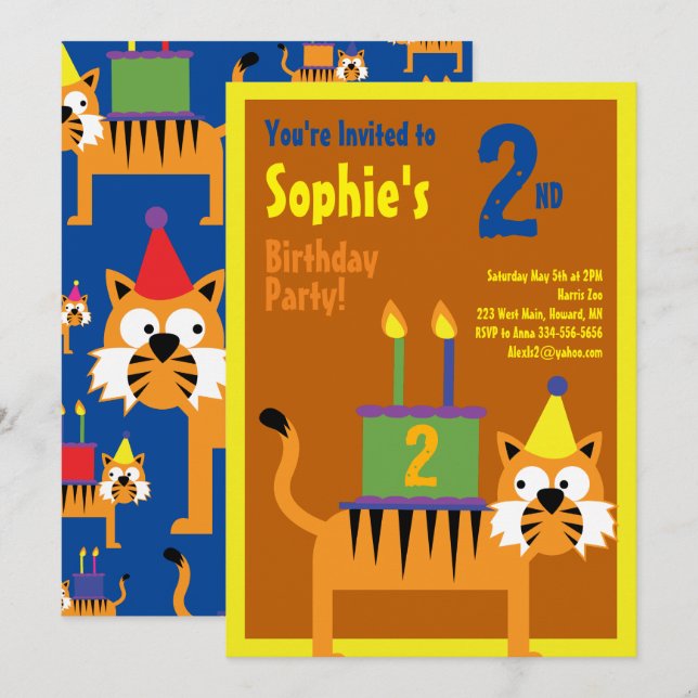 Tiger Animal Kid's Birthday Party Invitations (Front/Back)