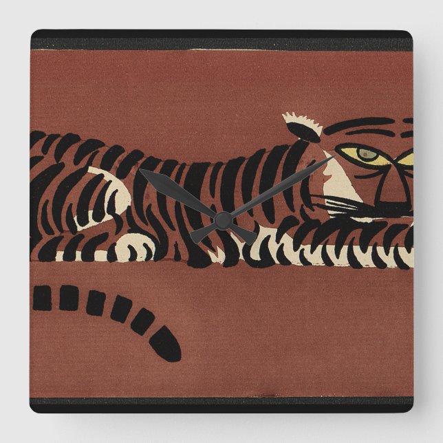 Tiger - Antiquarian, Colorful Book Illustration Square Wall Clock (Front)