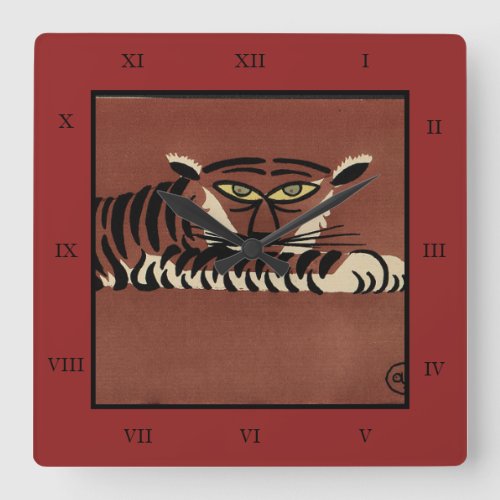 Tiger _ Antiquarian Colorful Book Illustration Square Wall Clock