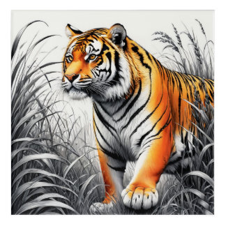 Tiger Art Color Black White Drawing Acrylic Art