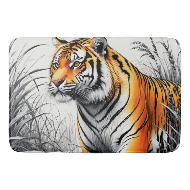 Tiger Art Color Partial Black White Drawing Bath Mat (Front)