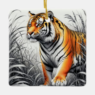 Tiger Art Color Partial Black White Drawing Ceramic Ornament