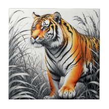 Tiger Art Color Partial Black White Drawing