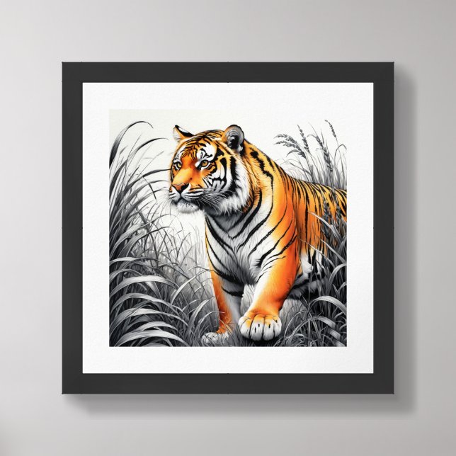 Tiger Art Color Partial Black White Drawing Framed Art (Framed Front)