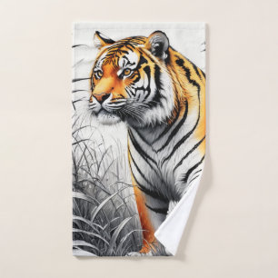 Tiger Art Color Partial Black White Drawing Hand Towel