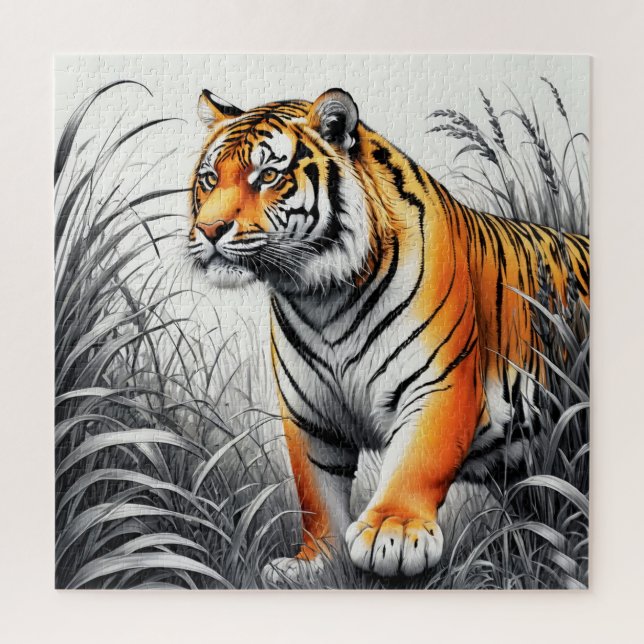 Tiger Art Color Partial Black White Drawing Jigsaw Puzzle (Vertical)