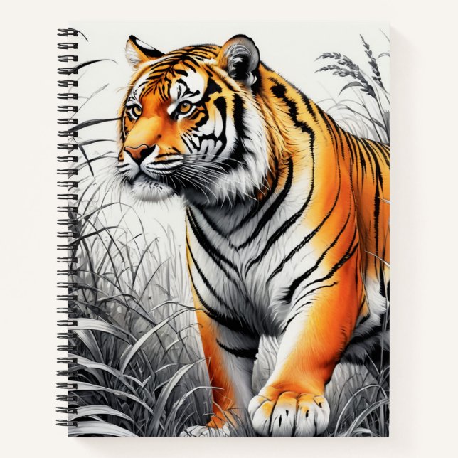 Tiger Art Color Partial Black White Drawing Notebook (Front)