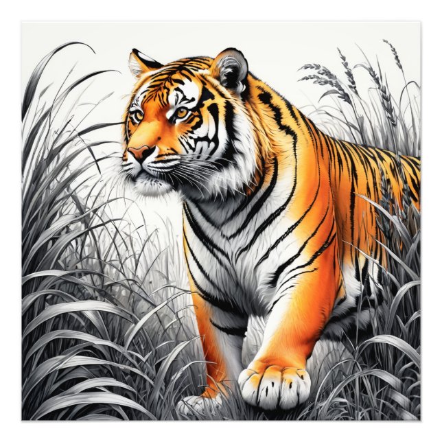 Tiger Art Color Partial Black White Drawing Photo Print (Front)