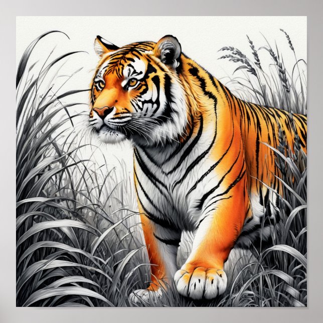 Tiger Art Color Partial Black White Drawing Poster (Front)