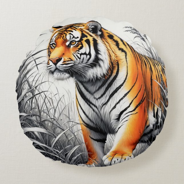 Tiger Art Color Partial Black White Drawing Round Pillow (Front)