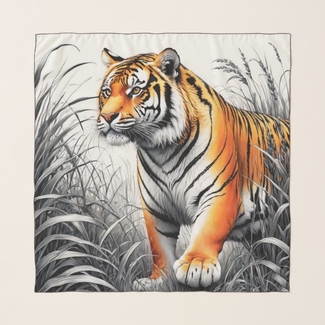 Tiger Art Color Partial Black White Drawing Scarf (Front)