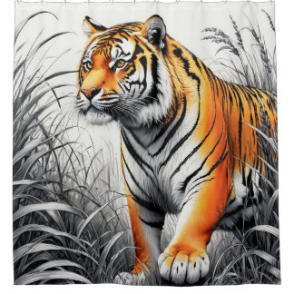 Tiger Art Color Partial Black White Drawing Shower Curtain