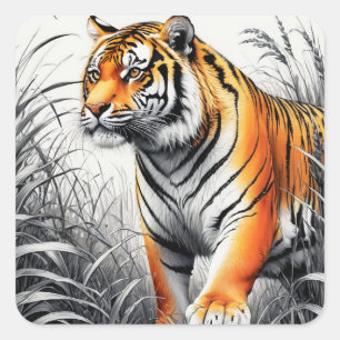 Tiger Art Color Partial Black White Drawing Square Sticker