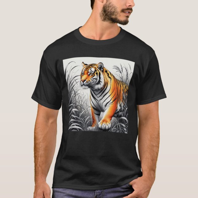 Tiger Art Color Partial Black White Drawing T-Shirt (Front)