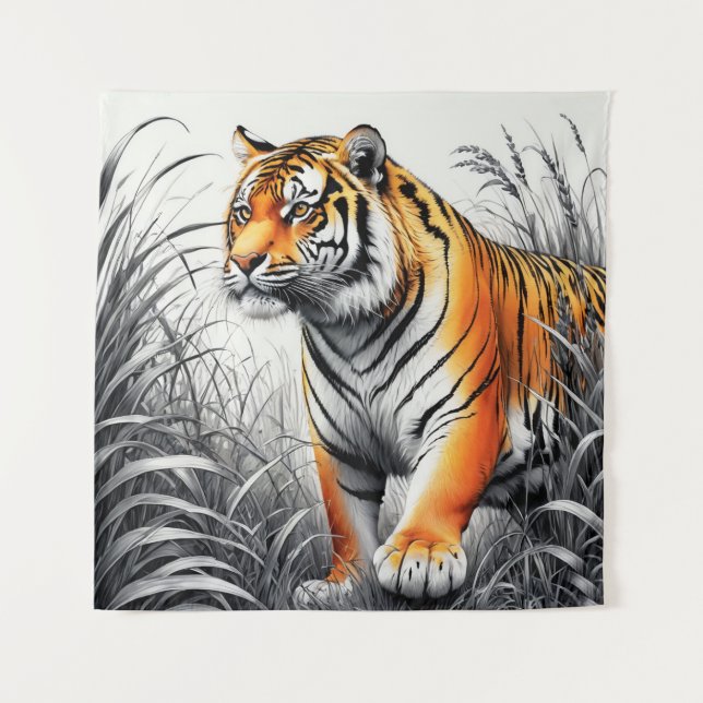 Tiger Art Color Partial Black White Drawing Tapestry (Front)