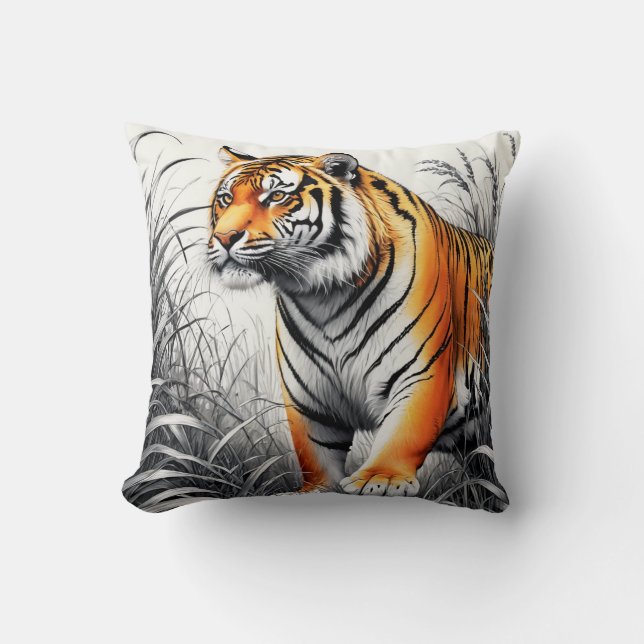 Tiger Art Color Partial Black White Drawing Throw Pillow (Front)