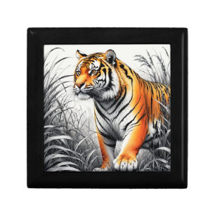 Tiger Art Drawing Wooden Jewelry Keepsake Box