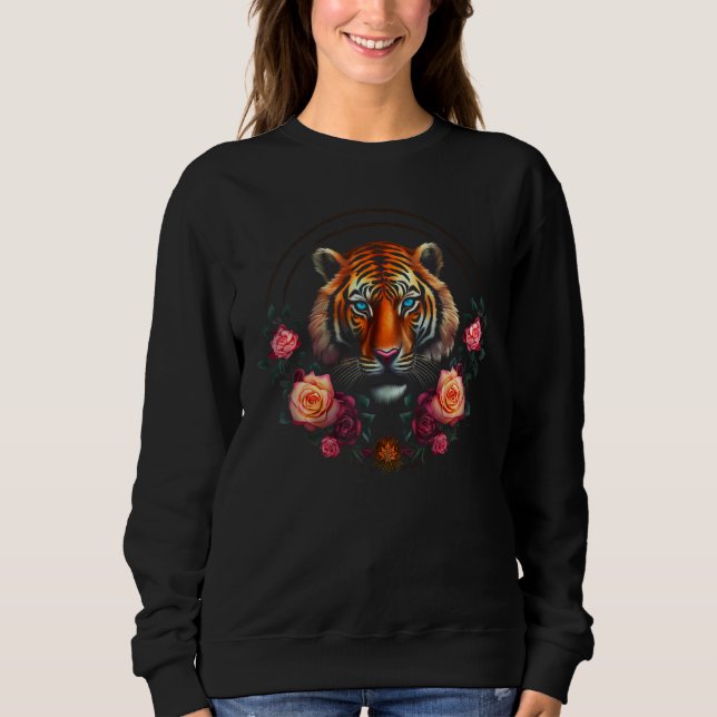 Tiger Artwork Flowers - Blue Eyes - Animal Art Tig Sweatshirt (Front)