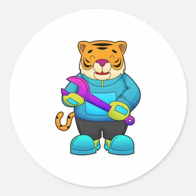 Tiger as Mechanic with Wrench Classic Round Sticker (Front)