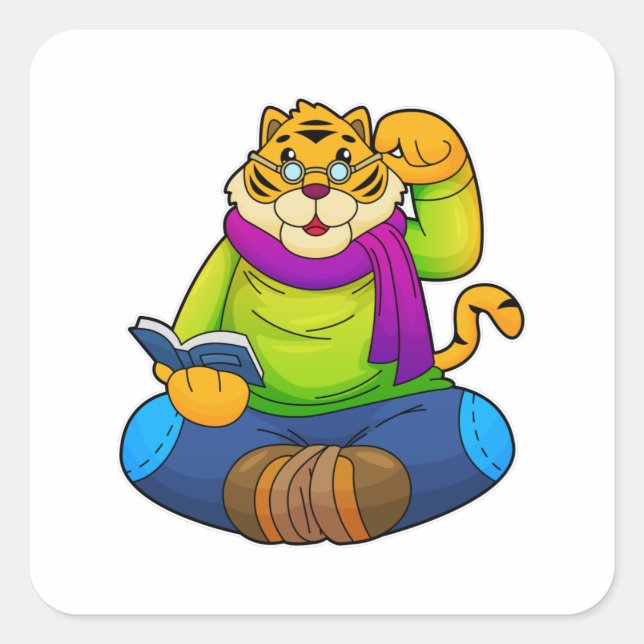 Tiger as Nerd with Book Square Sticker (Front)