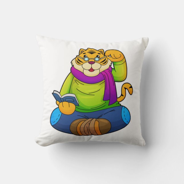 Tiger as Nerd with Book Throw Pillow (Front)