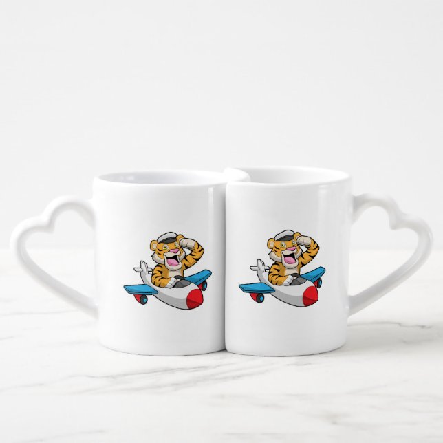 Tiger as Pilot in Plane Coffee Mug Set (Front Nesting)