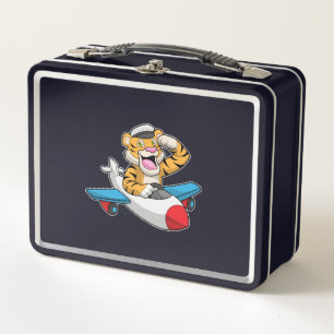 Tiger as Pilot in Plane Metal Lunch Box