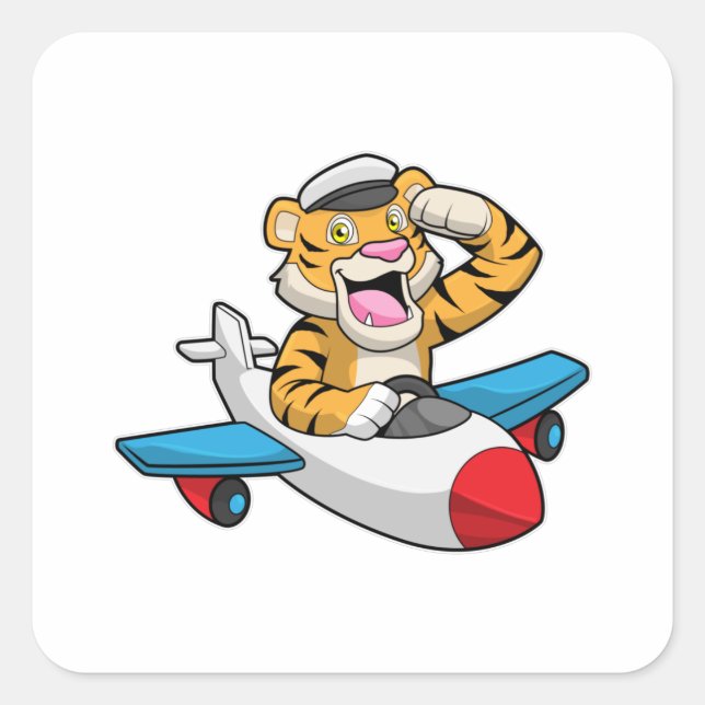 Tiger as Pilot in Plane Square Sticker (Front)