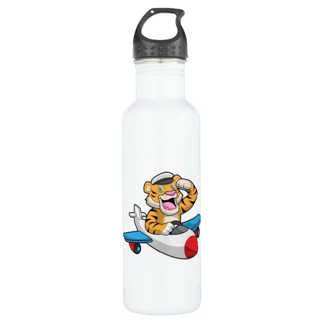 Tiger as Pilot in Plane Stainless Steel Water Bottle (Front)