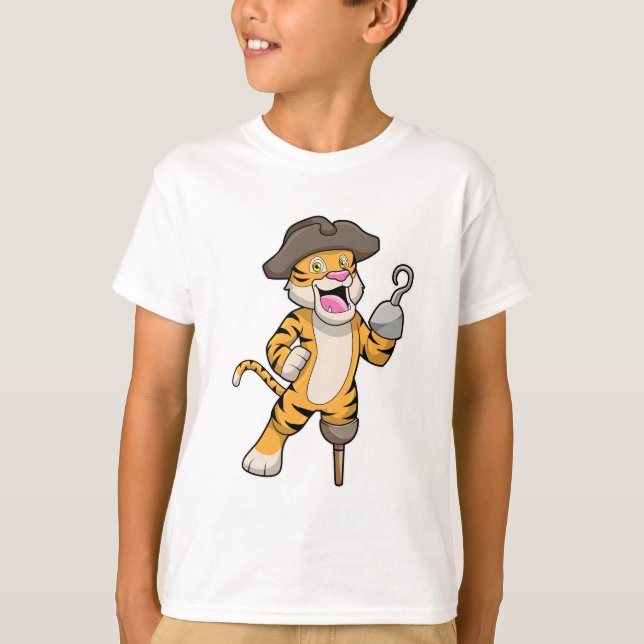 Tiger as Pirate with Wooden leg & Hooked hand T-Shirt (Front)