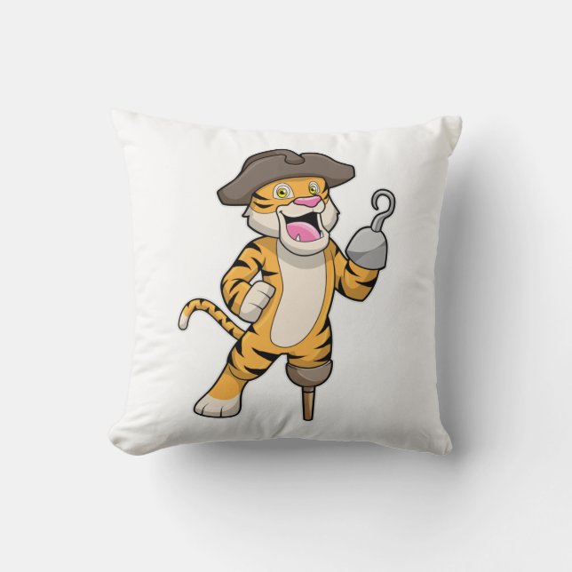 Tiger as Pirate with Wooden leg & Hooked hand Throw Pillow (Front)