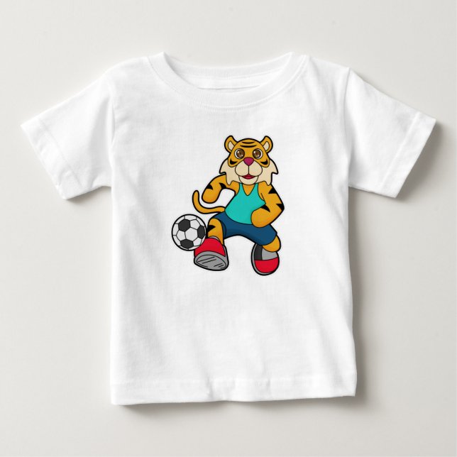 Tiger as Soccer player with Soccer ball Baby T-Shirt (Front)