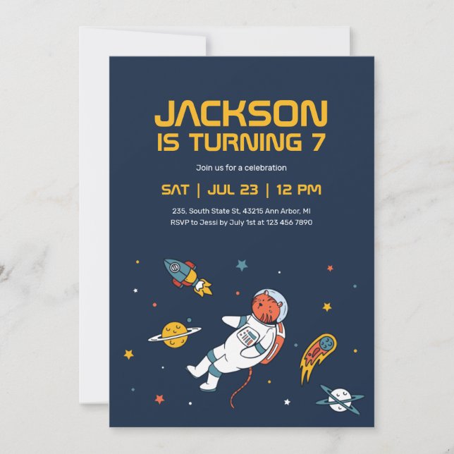 Tiger Astronaut Outer Space Galaxy Kids Birthday Invitation (Front)