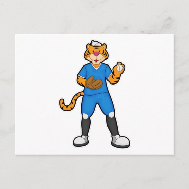 Tiger at Baseball with Baseball glove & Cap Postcard (Front)