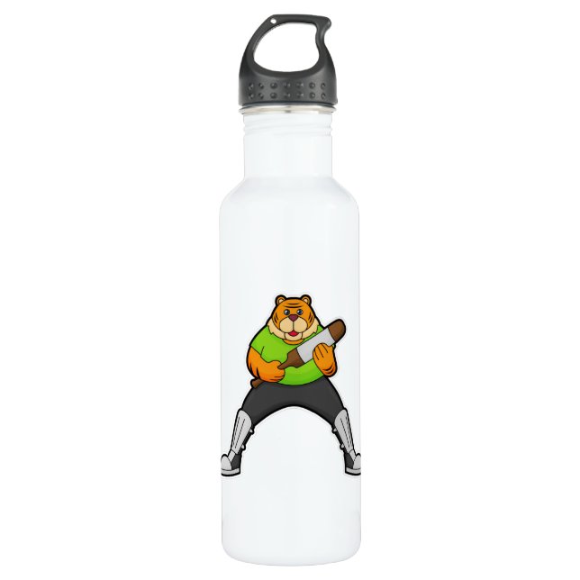 Tiger at Cricket with Cricket bat Stainless Steel Water Bottle (Front)