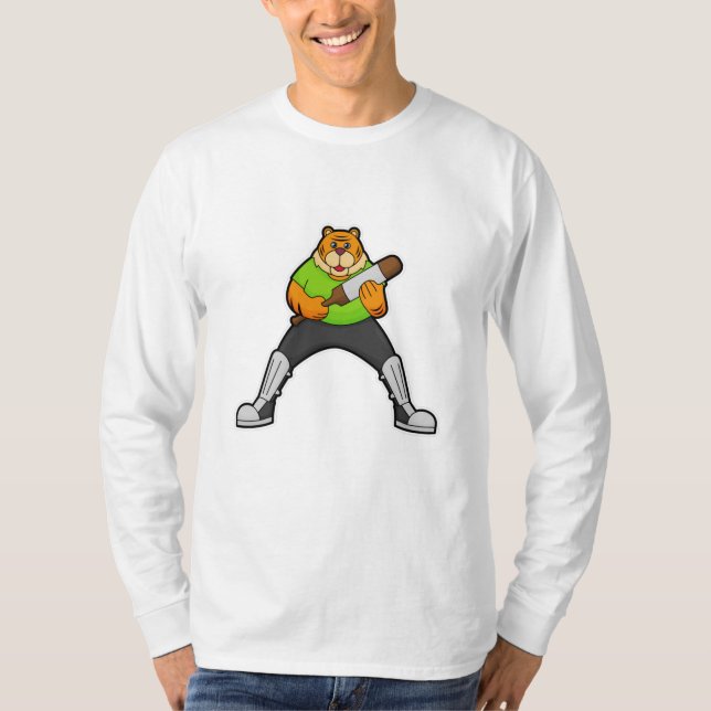 Tiger at Cricket with Cricket bat T-Shirt (Front)
