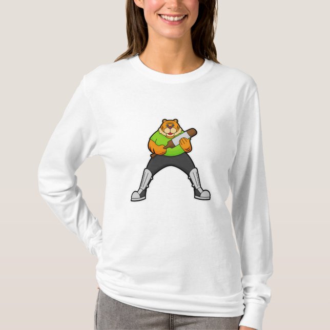 Tiger at Cricket with Cricket bat T-Shirt (Front)