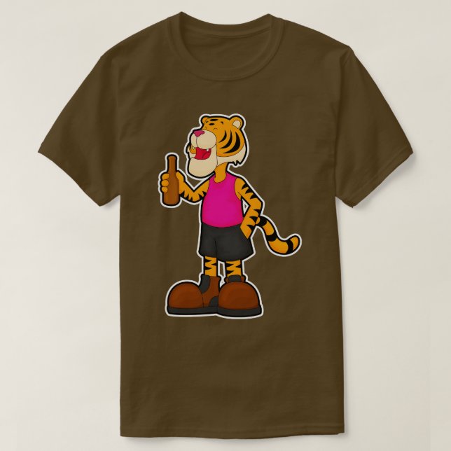 Tiger at Drinking Beer with Beer bottle T-Shirt (Design Front)