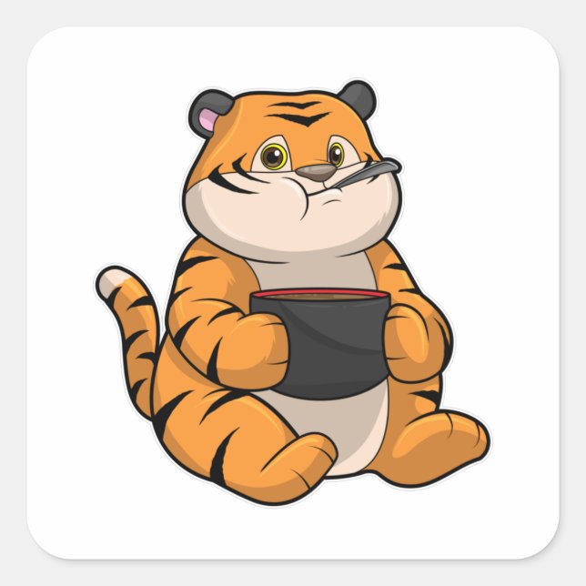 Tiger at Eating with Bowl Square Sticker (Front)