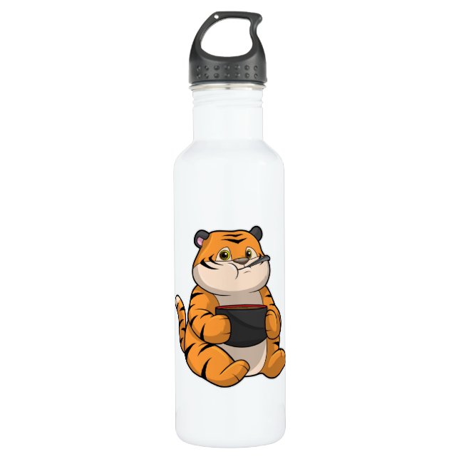 Tiger at Eating with Bowl Stainless Steel Water Bottle (Front)