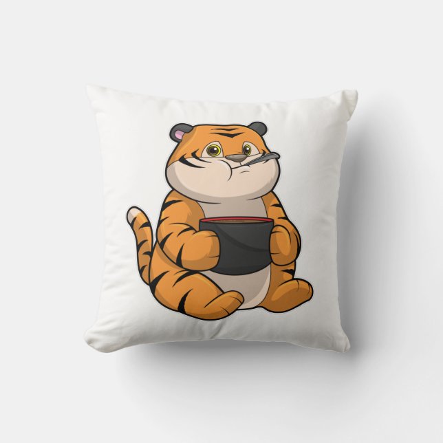 Tiger at Eating with Bowl Throw Pillow (Front)