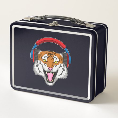 Tiger at Music with Headphone Metal Lunch Box
