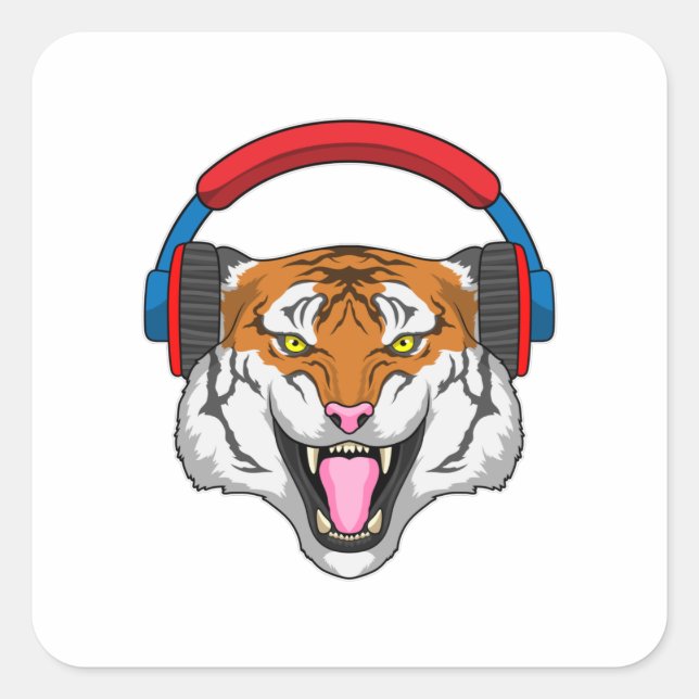 Tiger at Music with Headphone Square Sticker (Front)